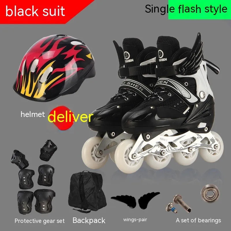 Adjustable children's ice skates with aluminium frame, PU foam wheels, matching helmet, protective gear set, and backpack in multiple colours.