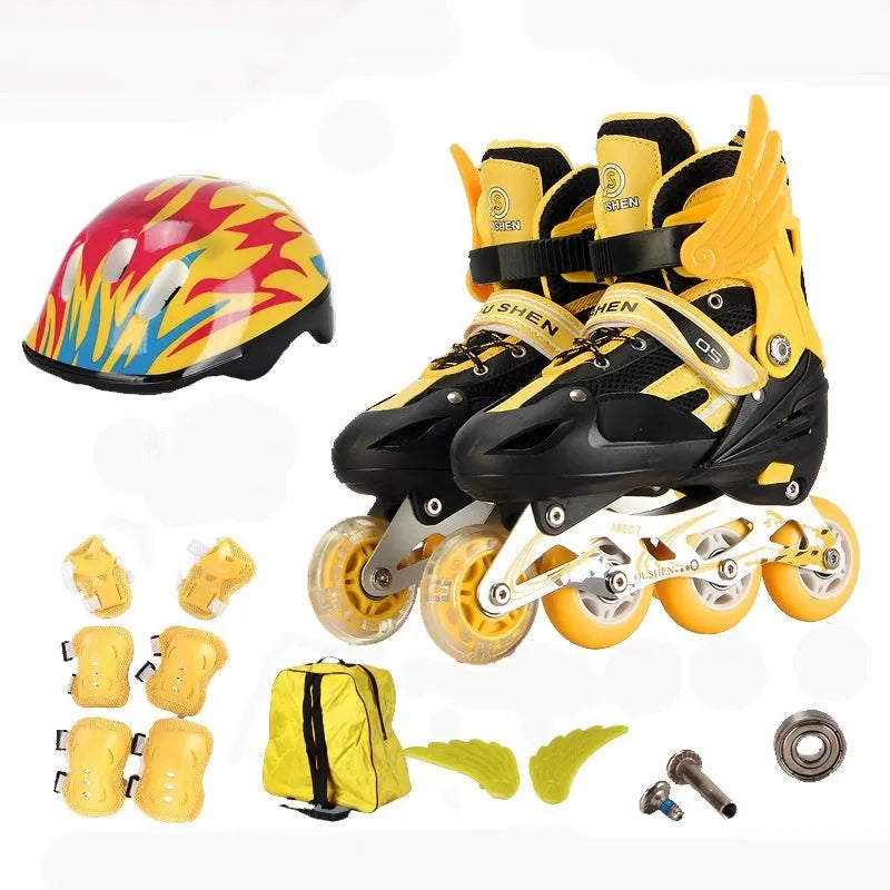 Adjustable children's ice skates with aluminium frame, PU foam wheels, matching helmet, protective gear set, and backpack in multiple colours.