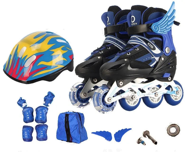 Adjustable children's ice skates with aluminium frame, PU foam wheels, matching helmet, protective gear set, and backpack in multiple colours.