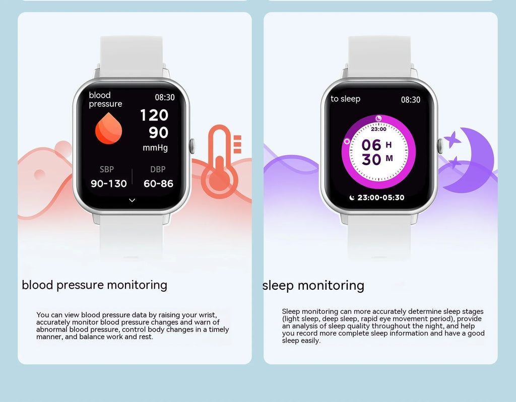 Bluetooth smart watch with touch screen showing heart rate monitor, in black, silver grey, pink, or khaki.