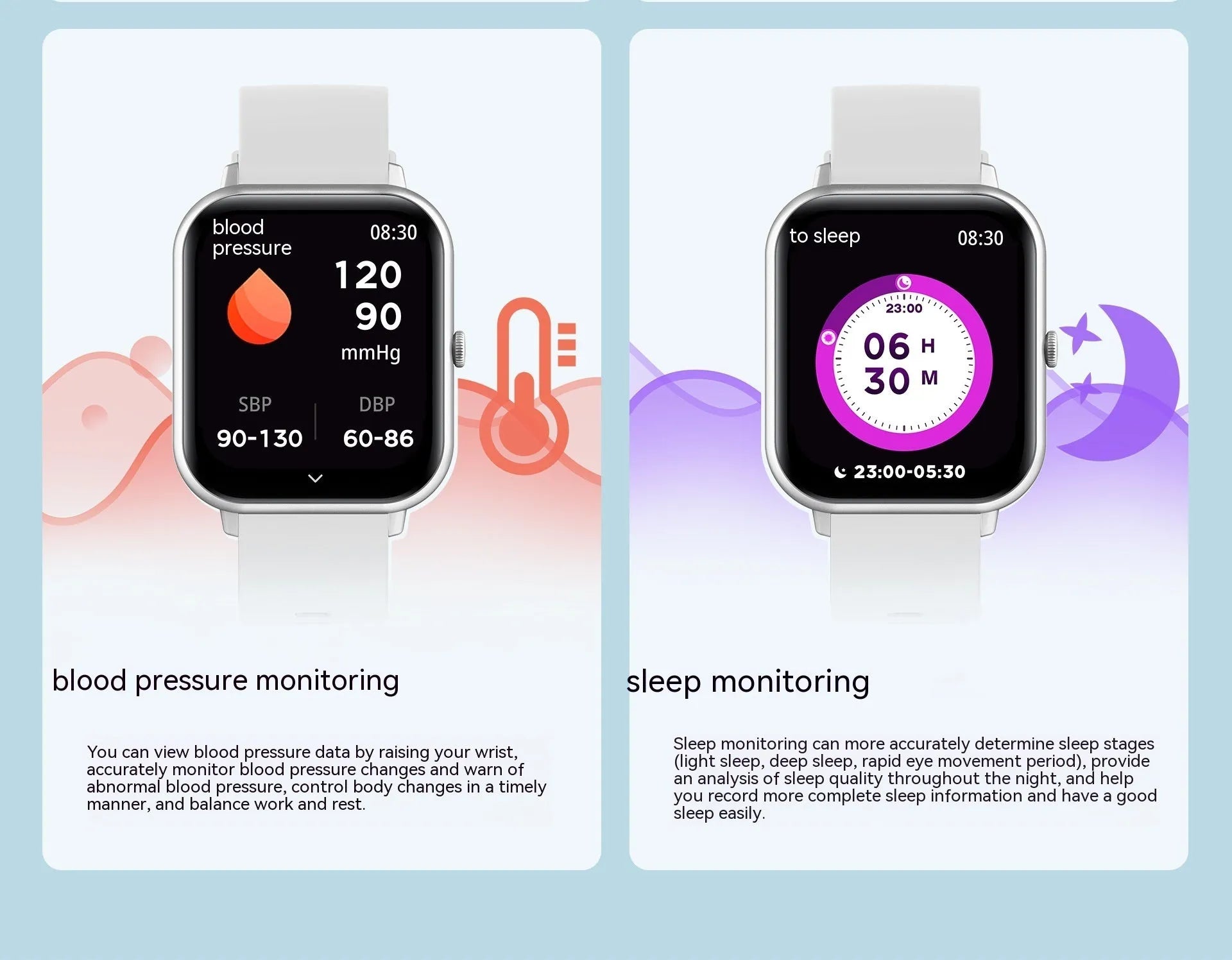 Bluetooth smart watch with touch screen showing heart rate monitor, in black, silver grey, pink, or khaki.