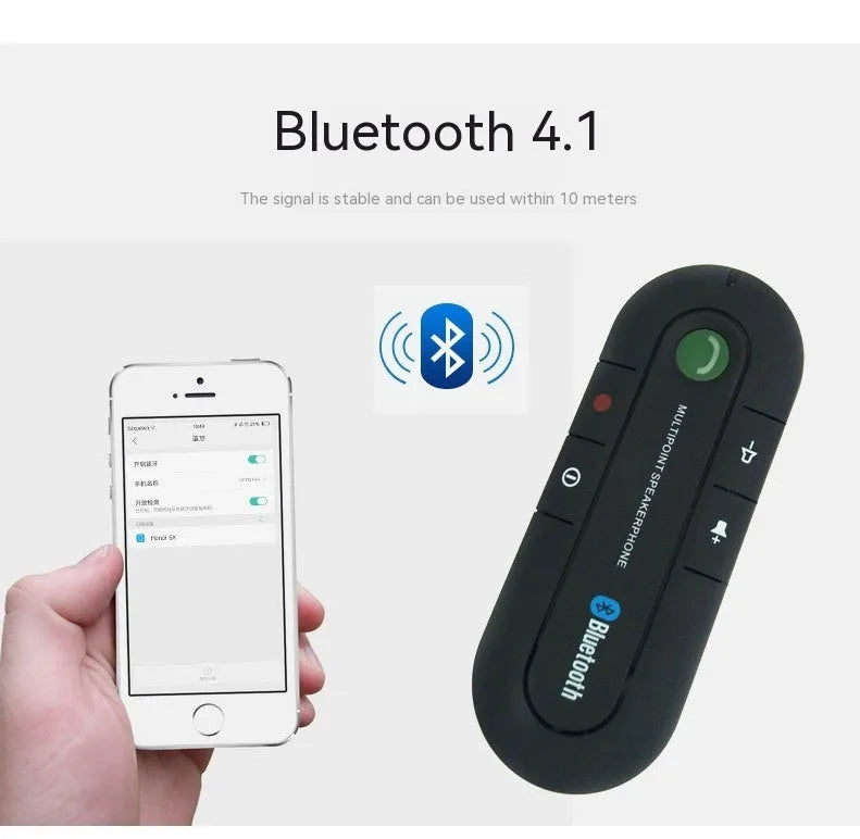 Black vehicle-mounted Bluetooth handsfree device clipped to car sun visor with car charger cable