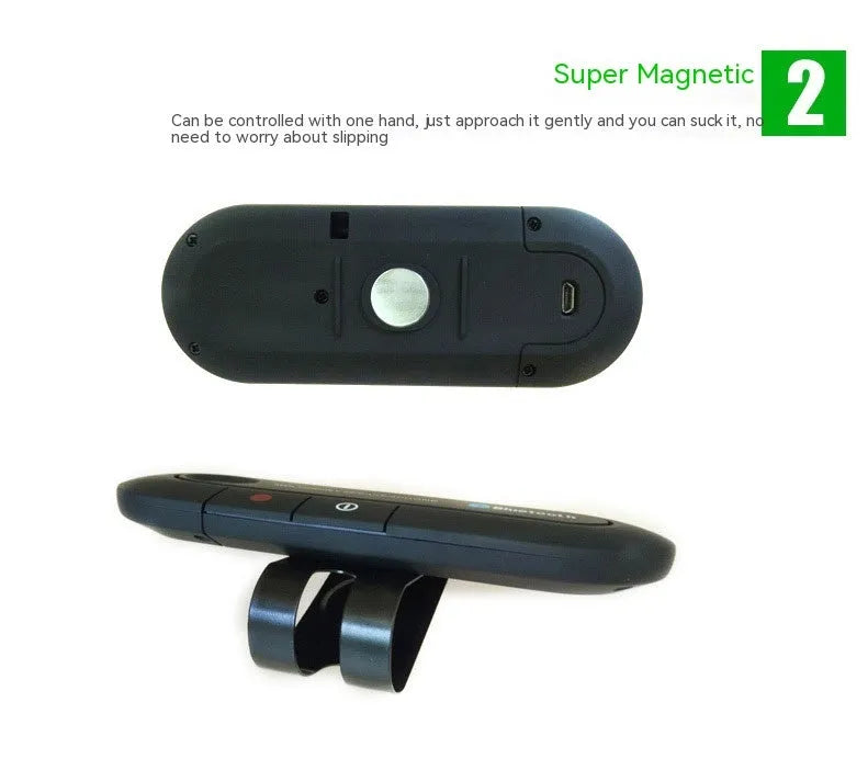 Black vehicle-mounted Bluetooth handsfree device clipped to car sun visor with car charger cable