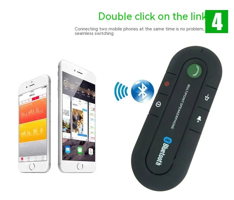 Black vehicle-mounted Bluetooth handsfree device clipped to car sun visor with car charger cable