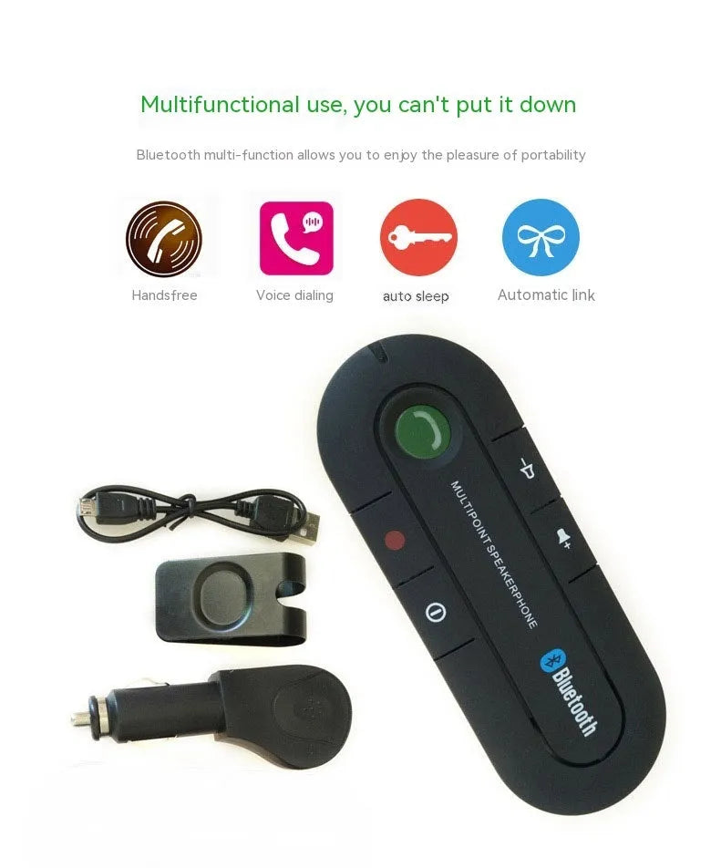 Black vehicle-mounted Bluetooth handsfree device clipped to car sun visor with car charger cable