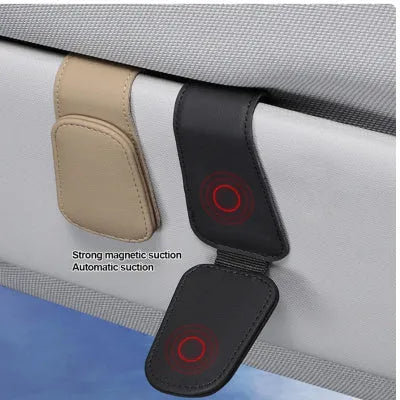 PU leather car sunglasses clip holder attached to a car sun visor