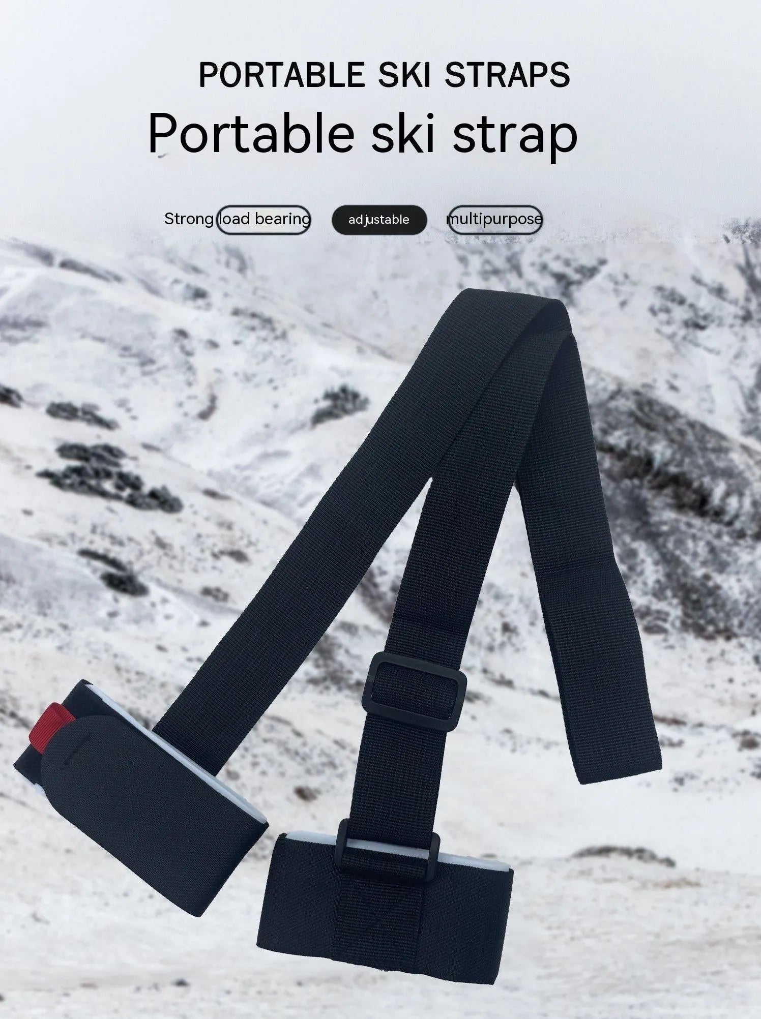 Skiing bandage strap with hook and loop fastening and adjustable sled design in multiple colours