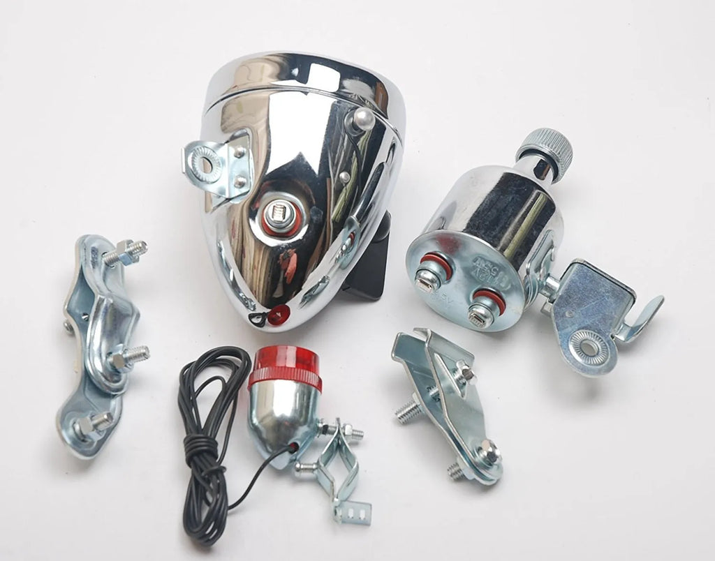 Bicycle generator light modification kit with dynamo unit and wiring for friction-powered illumination