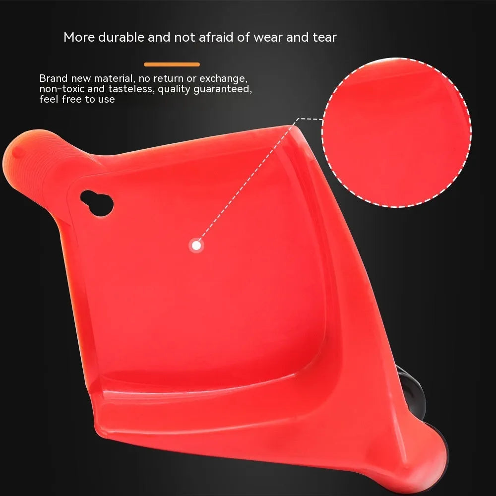 Set of four red triangular plastic car parking blocks or wheel stops on a grey background.
