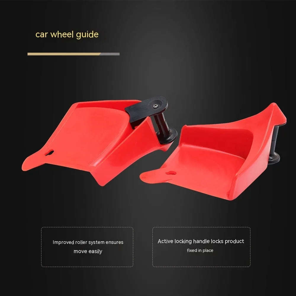 Set of four red triangular plastic car parking blocks or wheel stops on a grey background.