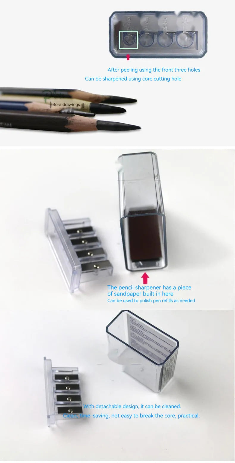 Geometric shaped plastic pencil sharpener with four distinct sharpening holes.