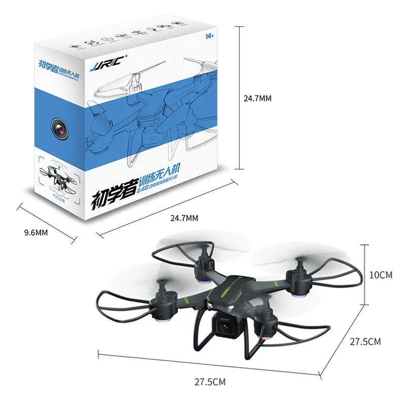 Blue remote control drone with four protective frames and a handheld remote on a white background