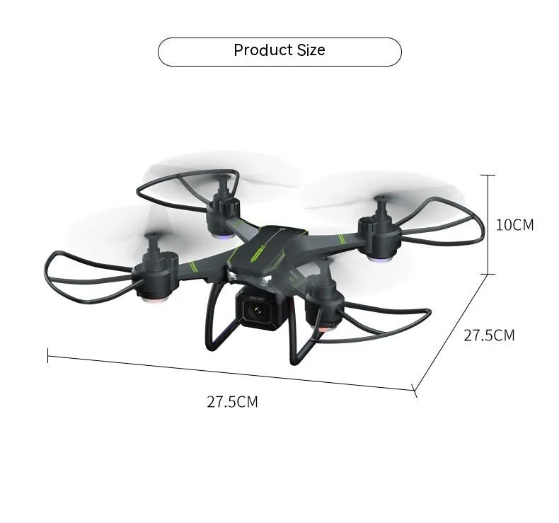 Blue remote control drone with four protective frames and a handheld remote on a white background