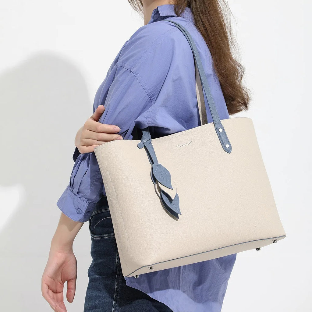 Urban simplicity women's large capacity leather handbag in apricot, shell shape, soft handle, 28x35x13cm