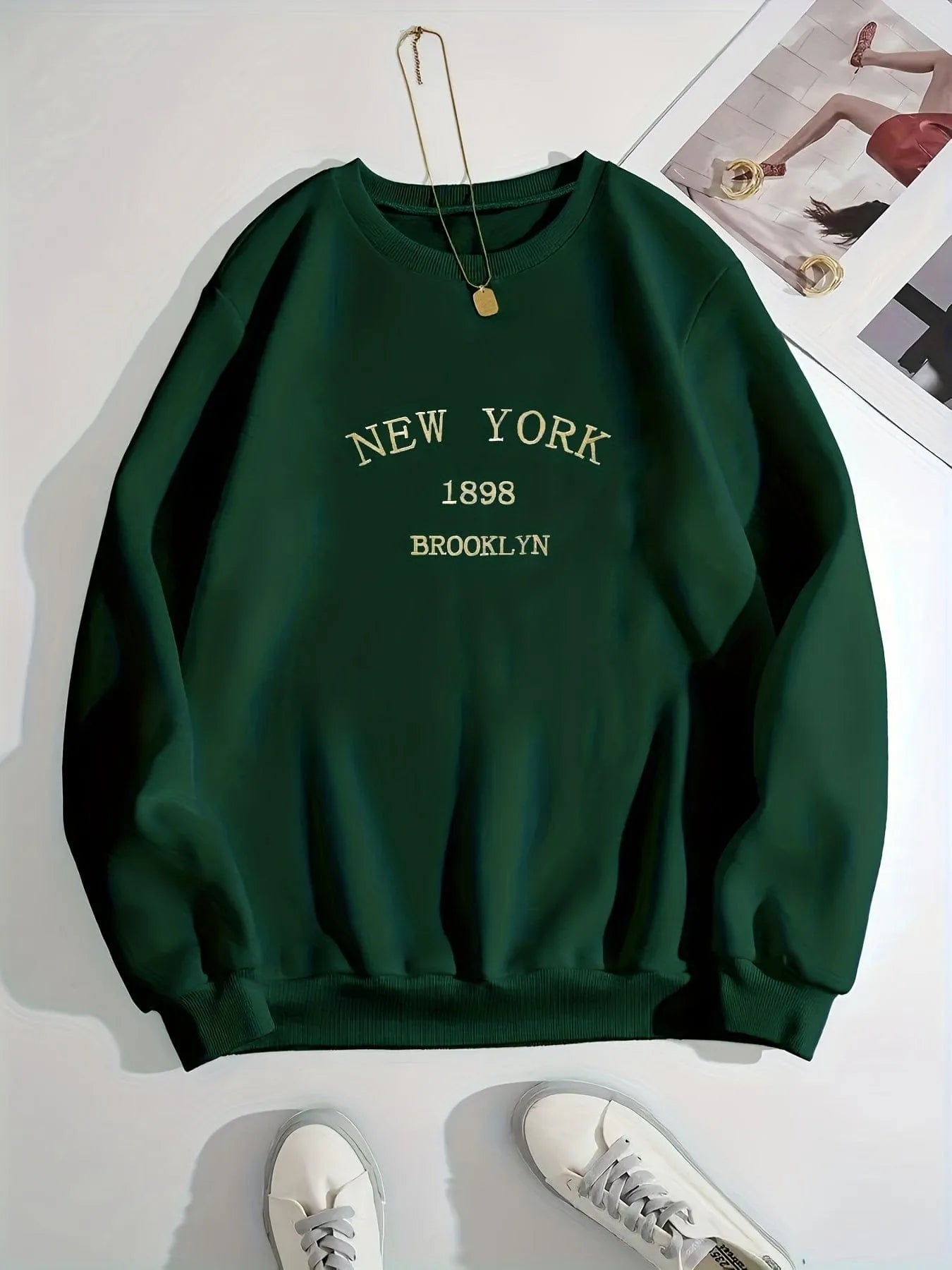 Loose casual round neck pullover top long sleeve polyester Korean style top for women green