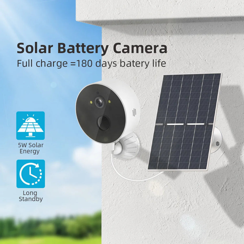 Solar-powered outdoor security camera with attached solar panel on a wall mount