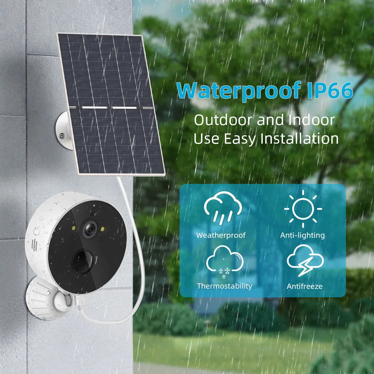 Solar-powered outdoor security camera with attached solar panel on a wall mount