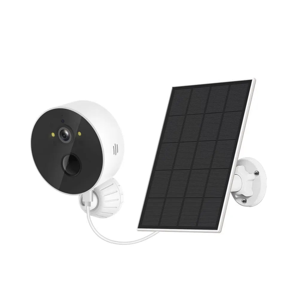 Solar-powered outdoor security camera with attached solar panel on a wall mount