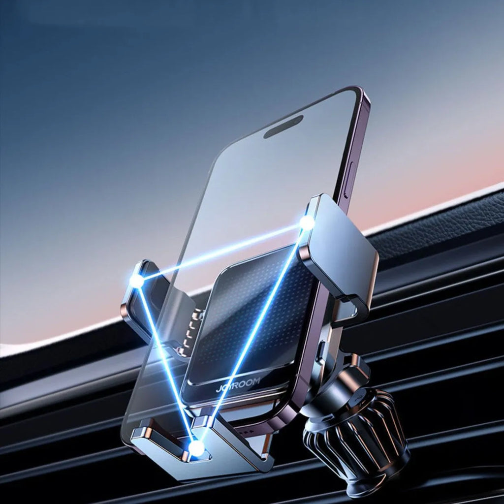 Black car air vent wireless phone charging bracket with automatic arms, shown with a mobile phone.