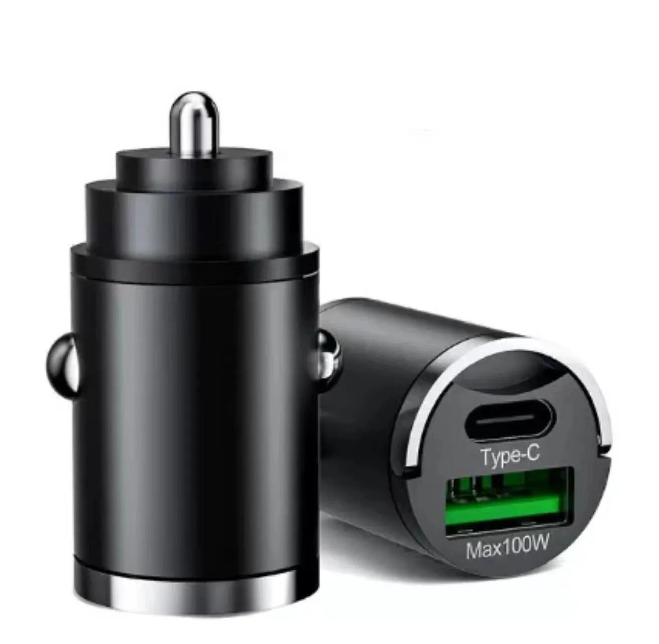 Black metal car charger with 100W super fast charging and USB interface