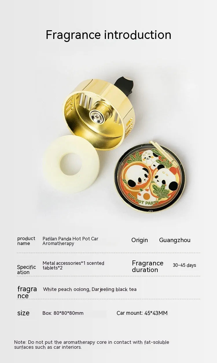 Panda hot pot shaped car air vent fragrance clip on a car vent with diatomaceous earth scent tablets.