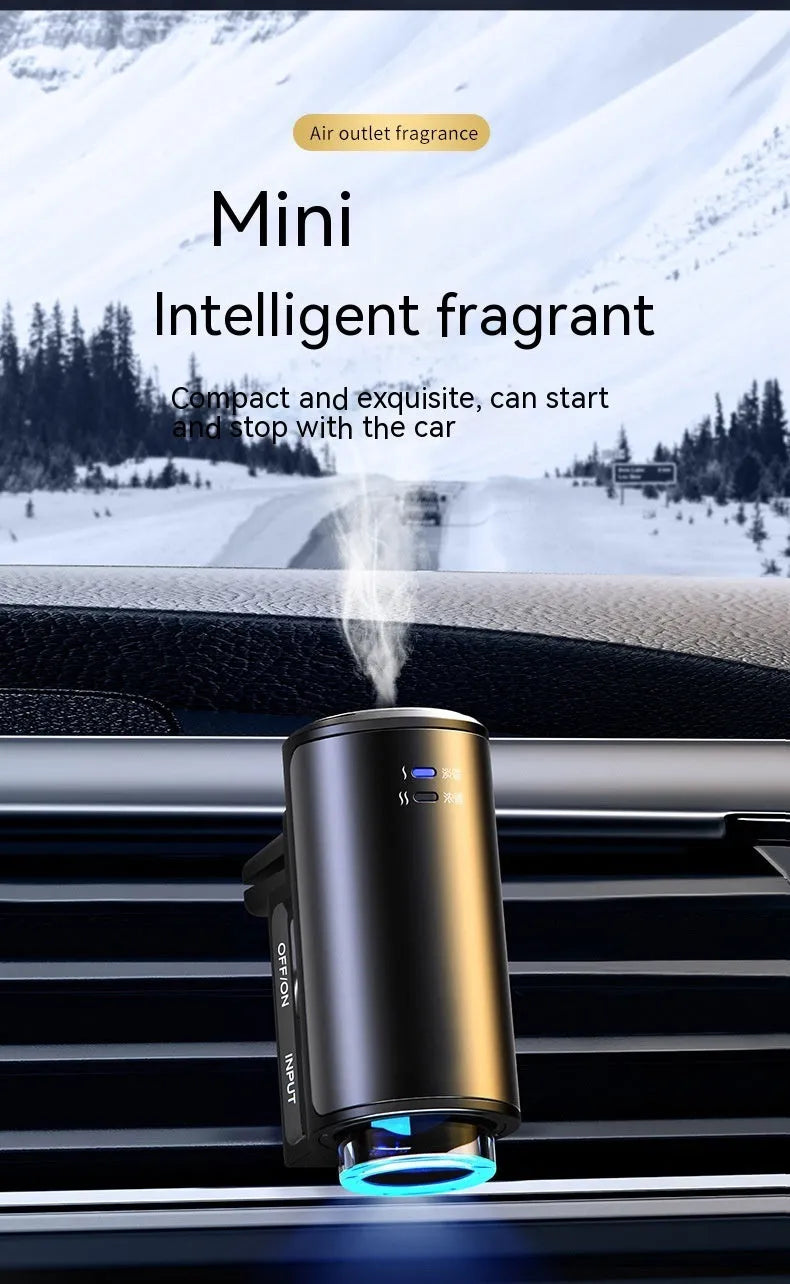 Smart car aroma diffuser clipped onto vehicle air vent in obsidian black colour