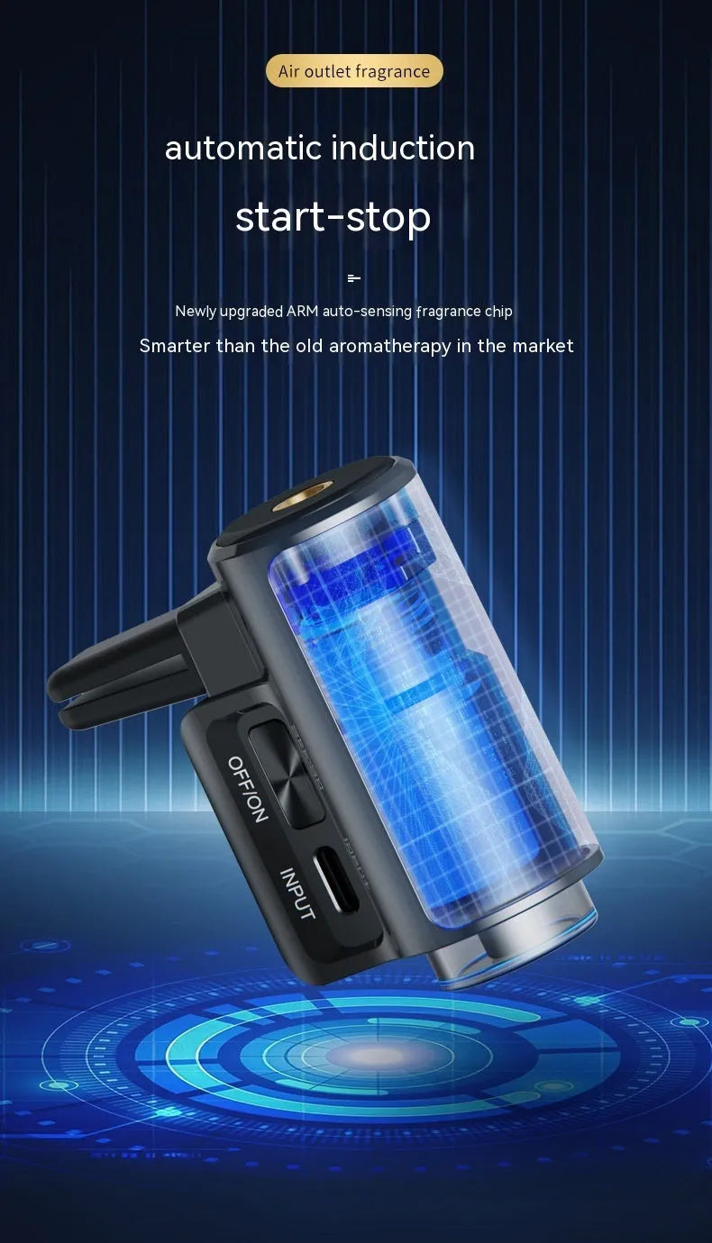 Smart car aroma diffuser clipped onto vehicle air vent in obsidian black colour