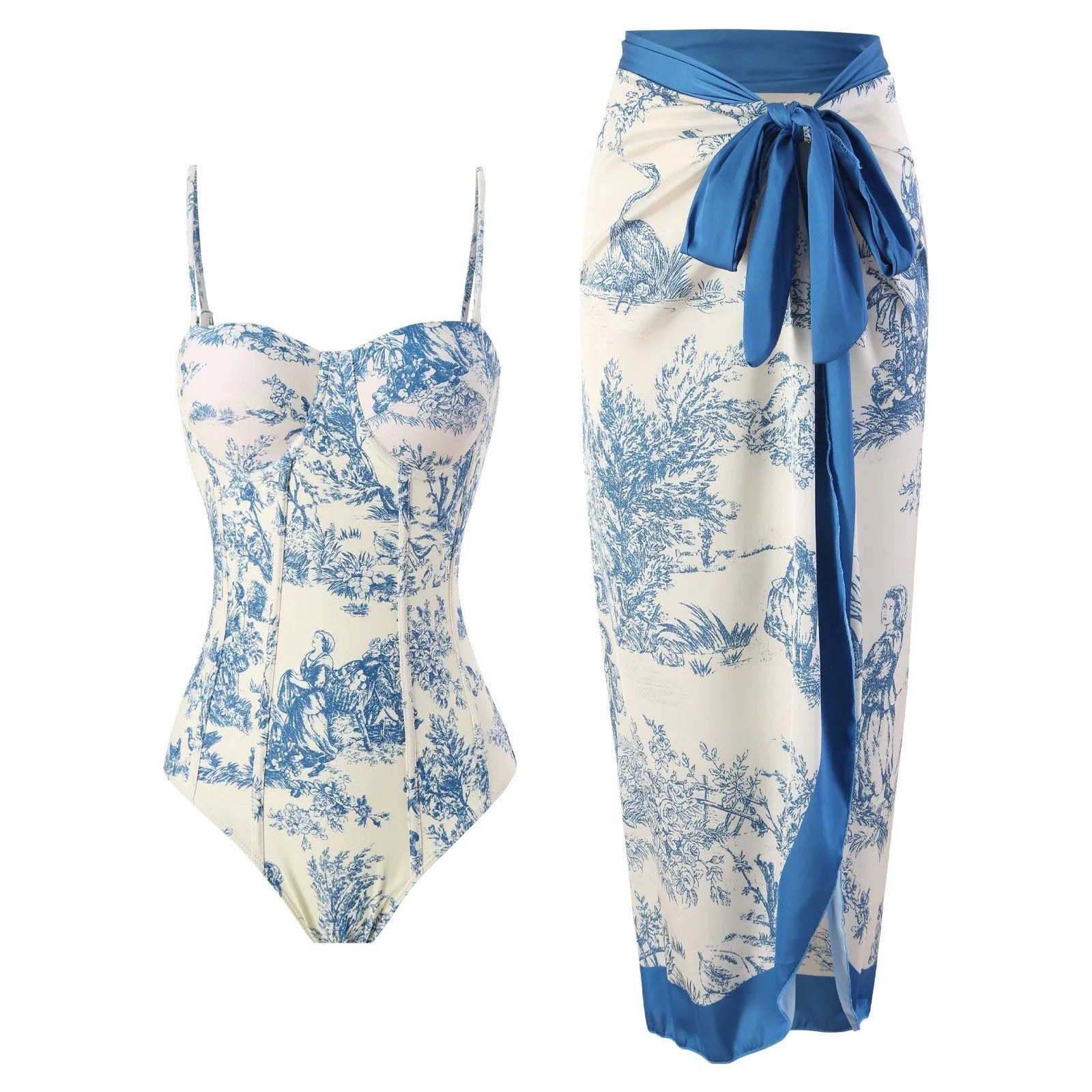 Blue one-piece swimsuit for women with polyester fabric and pattern design