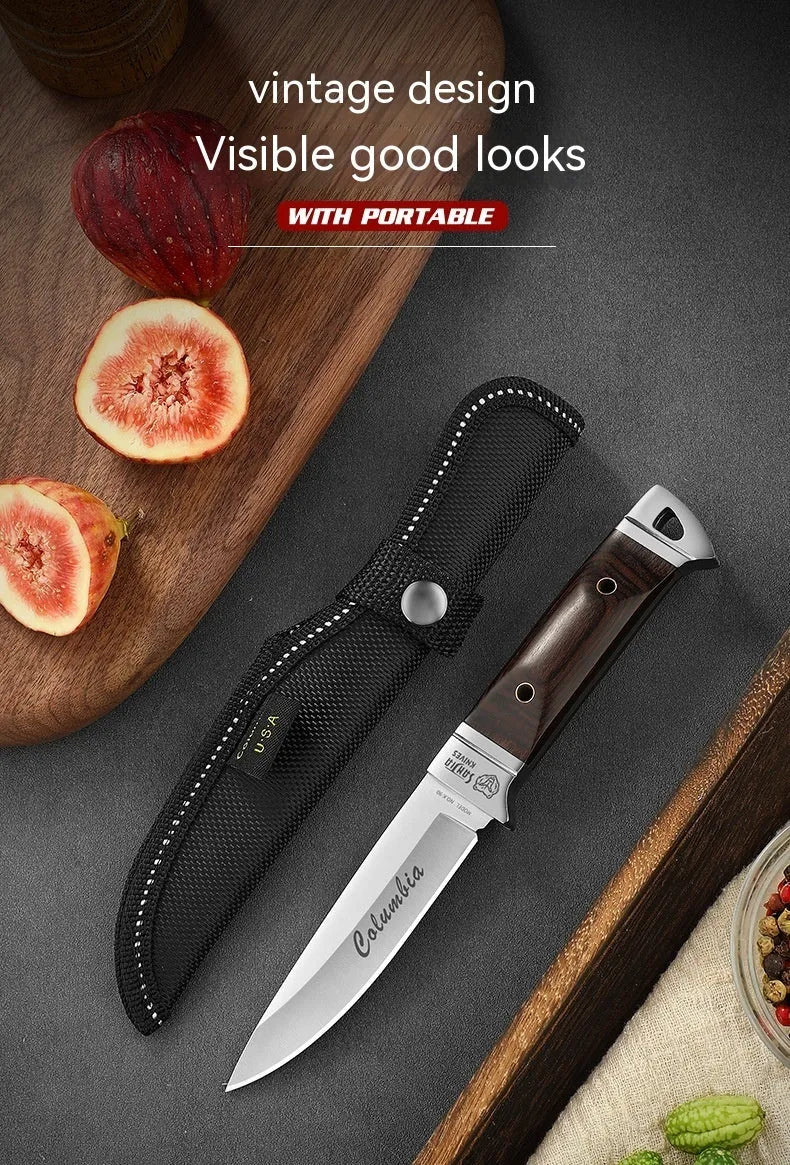 Camping portable fruit knife with stainless steel blade and brown leather case.