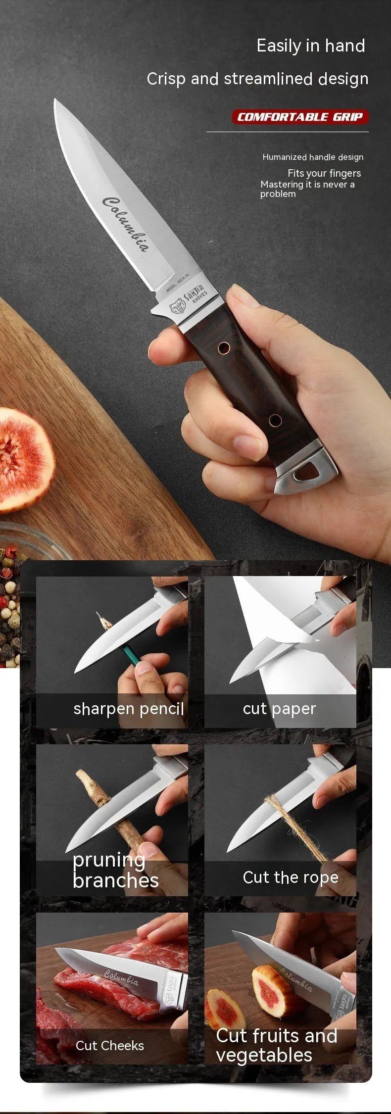 Camping portable fruit knife with stainless steel blade and brown leather case.