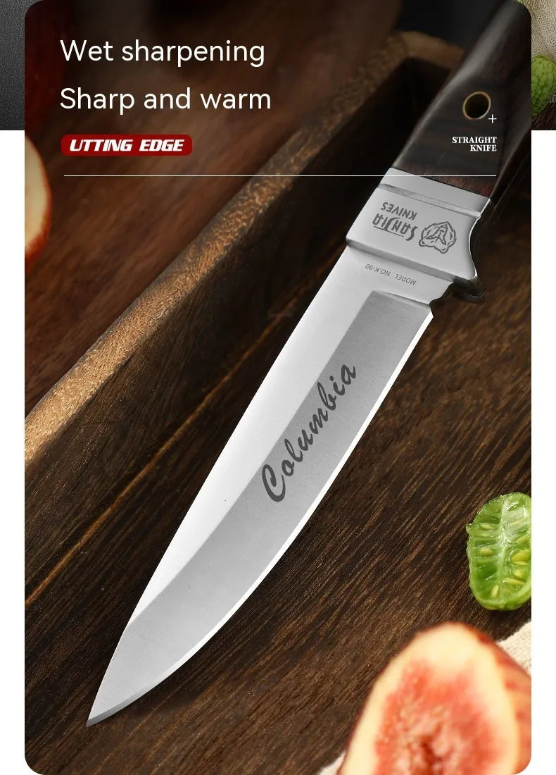 Camping portable fruit knife with stainless steel blade and brown leather case.