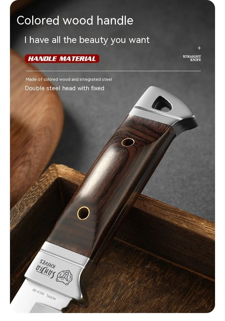 Camping portable fruit knife with stainless steel blade and brown leather case.