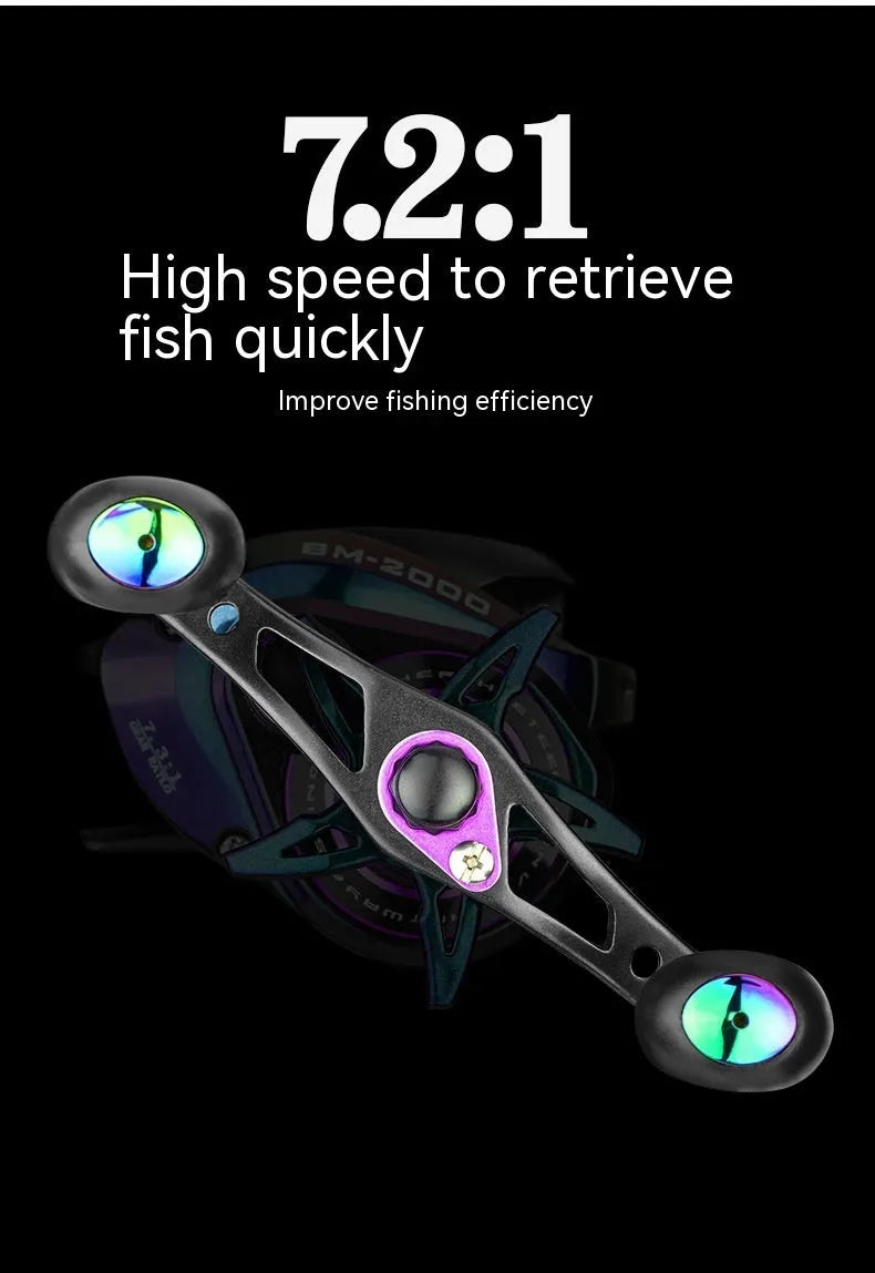 BM2000 fishing reel with water drop design and magnetic brake system, showing left-hand and right-hand model options.