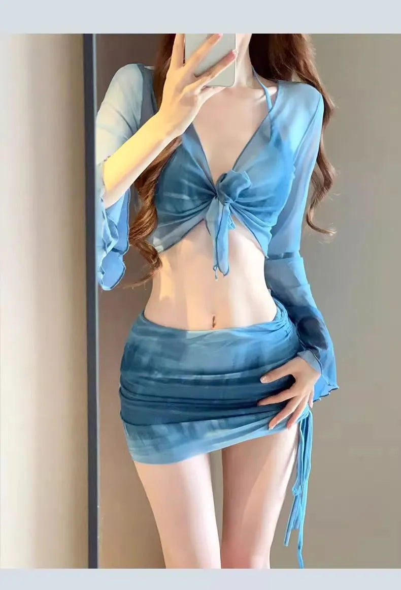 Women's blue high waist bikini four-piece swimsuit set with ruffle skirt