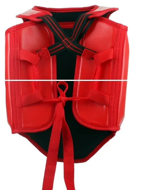Boxing helmet and chest protector set for fighting training in red, blue, or black