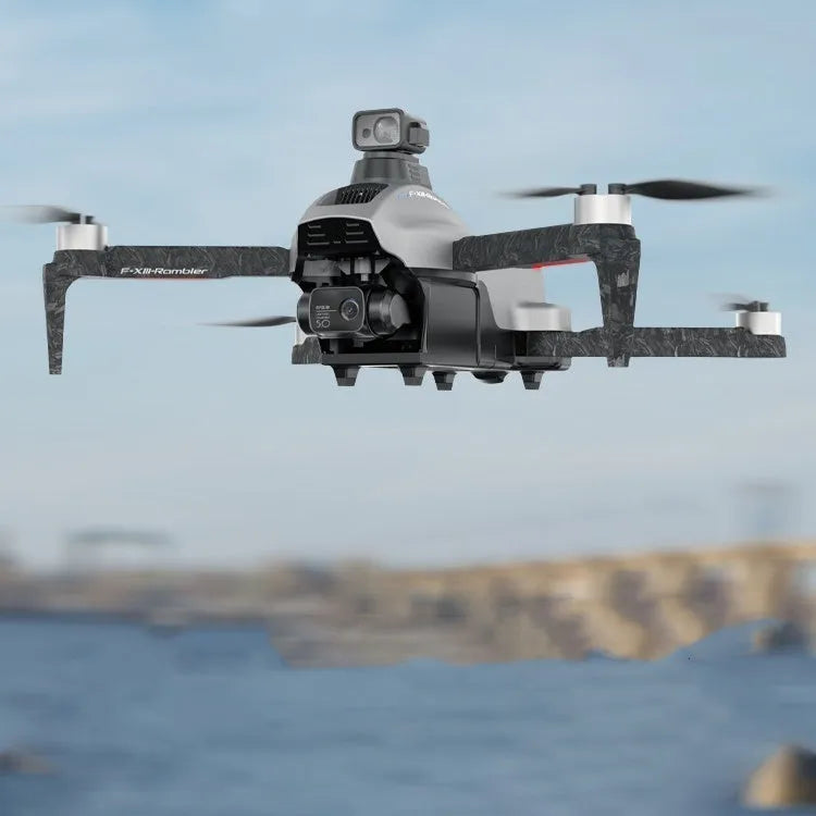 White folding quadcopter drone with 4K camera, shown with remote control and shoulder bag.