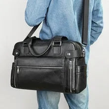 Genuine leather large capacity horizontal briefcase for men in black with sewing line detailing, first layer cowhide