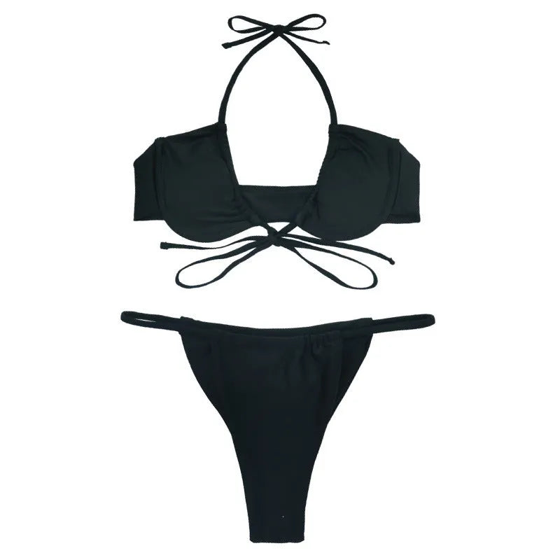 Women's black and mint green nylon bikini swimsuit showing front and back views