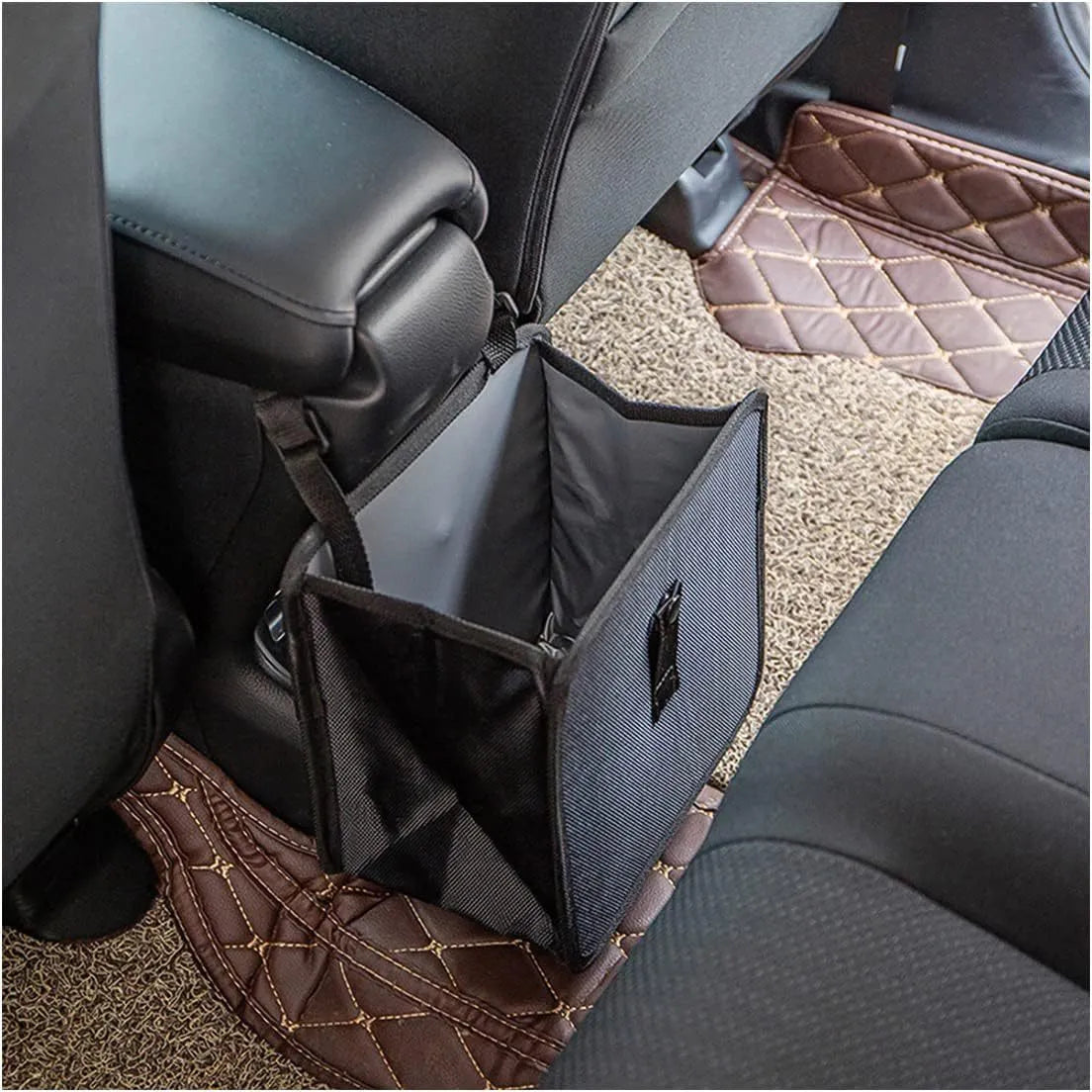 Black waterproof Oxford cloth car hanging trash can folded and unfolded showing 220x145x220mm dimensions