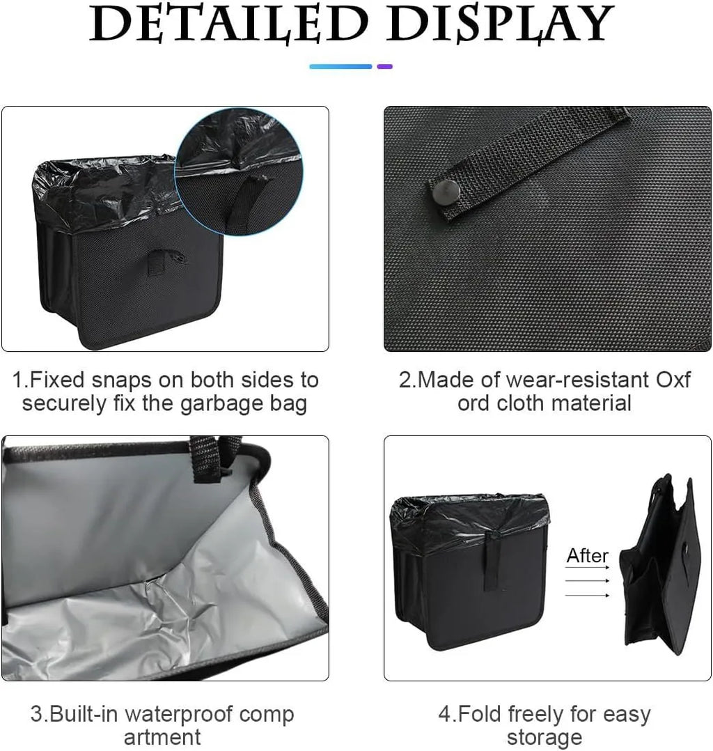 Black waterproof Oxford cloth car hanging trash can folded and unfolded showing 220x145x220mm dimensions