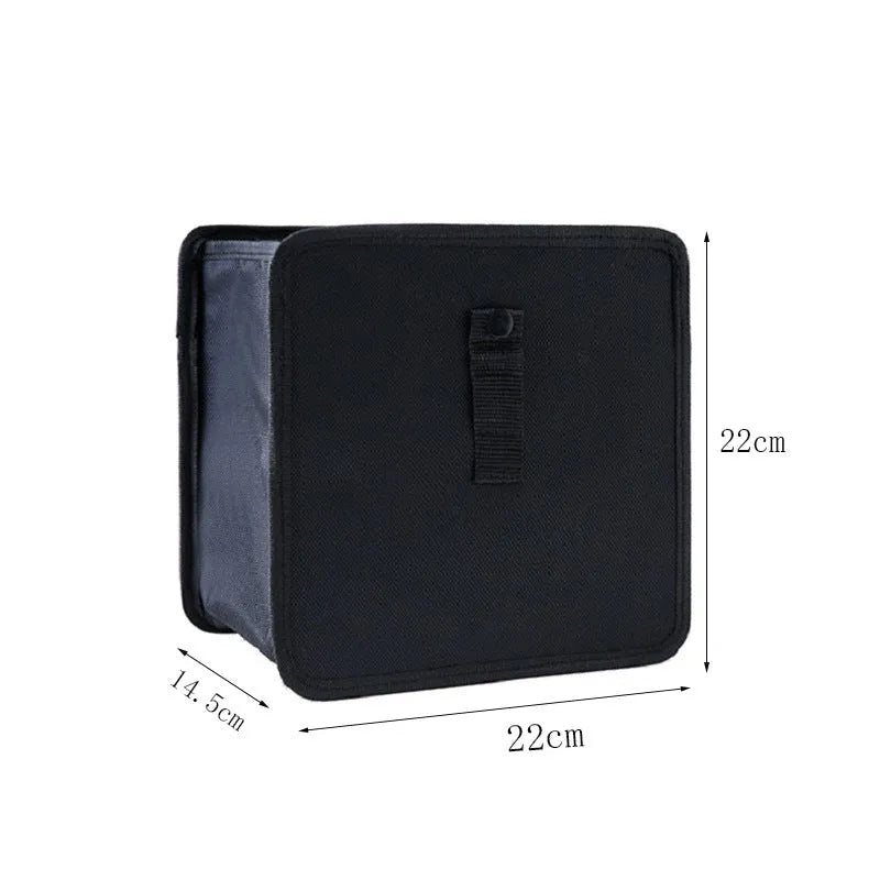 Black waterproof Oxford cloth car hanging trash can folded and unfolded showing 220x145x220mm dimensions