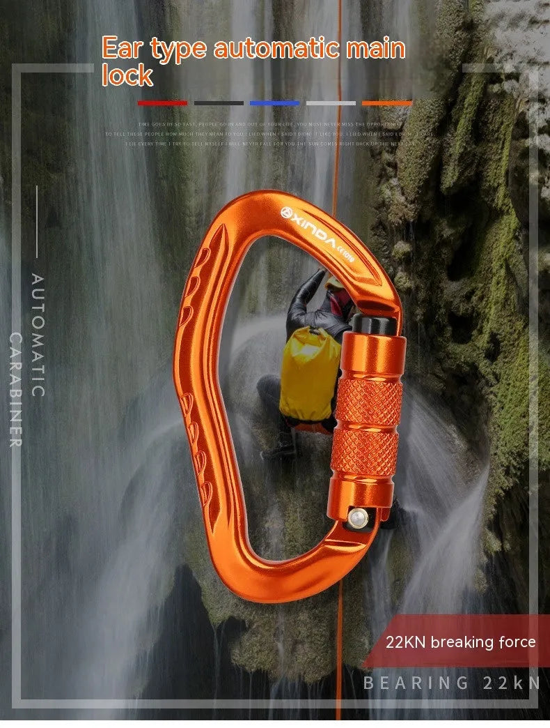 Automatic locking climbing carabiner in five colour options for rock climbing equipment
