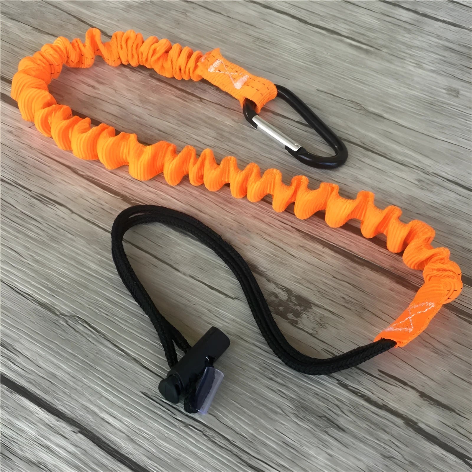 Orange fishing rod fall protection safety rope showing 90cm length and connection hardware