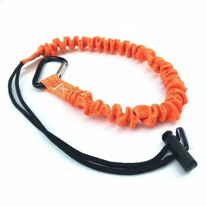Orange fishing rod fall protection safety rope showing 90cm length and connection hardware