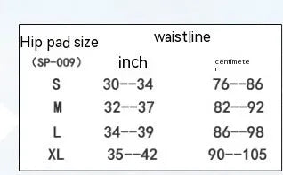 Black cycling hip protection pants shown flat, highlighting the hip pad area and available in sizes S, M, L, XL.