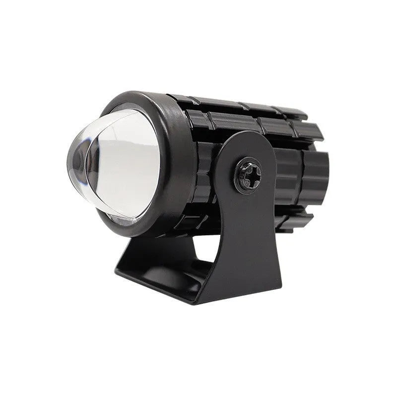 Aluminium motorcycle spotlight with dual-colour lens for 12-80V electric vehicles, showing IP68 waterproof rating.