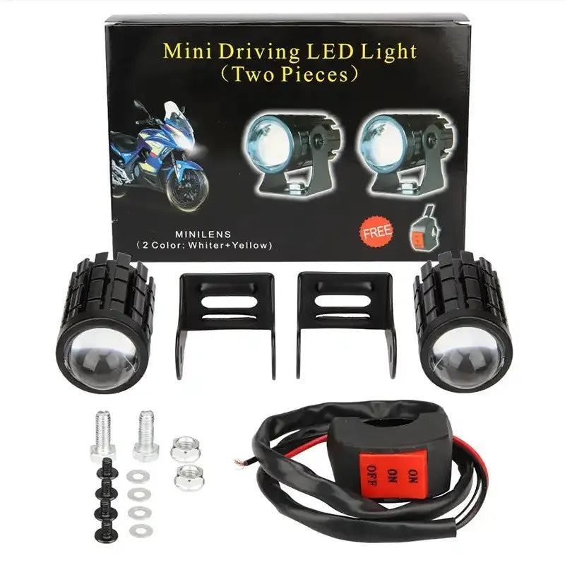 Aluminium motorcycle spotlight with dual-colour lens for 12-80V electric vehicles, showing IP68 waterproof rating.