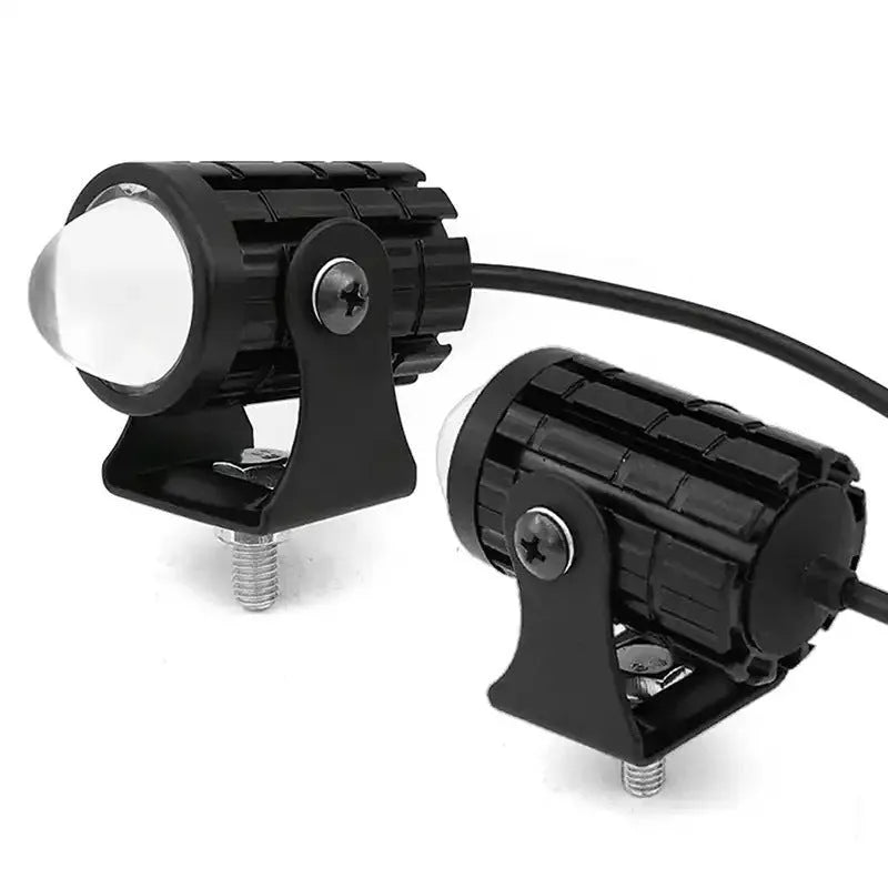 Aluminium motorcycle spotlight with dual-colour lens for 12-80V electric vehicles, showing IP68 waterproof rating.