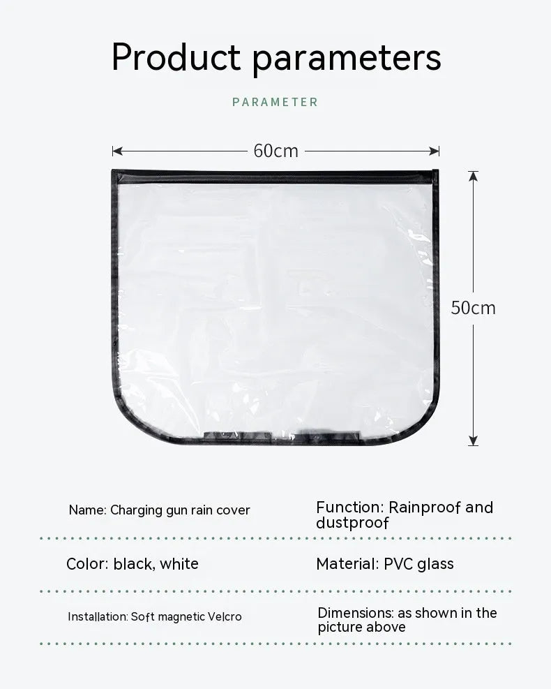 Black electric vehicle charging gun rain cover with magnetic strips unfolded to show 60cm by 50cm size