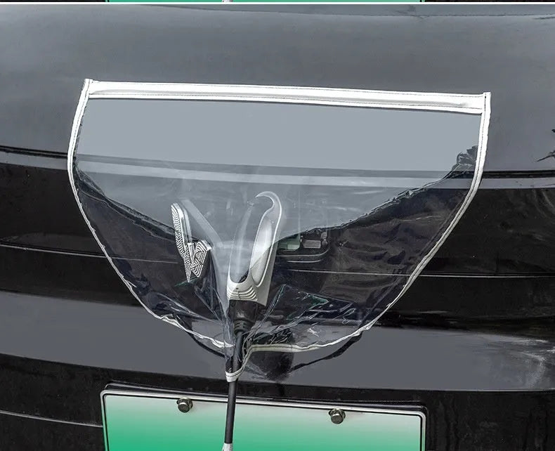 Black electric vehicle charging gun rain cover with magnetic strips unfolded to show 60cm by 50cm size